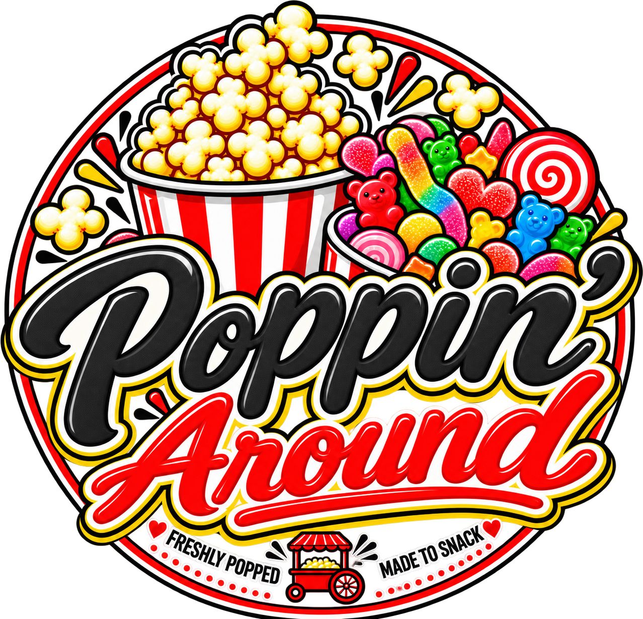 Poppin' Around logo — popcorn bucket and candy bowl badge
