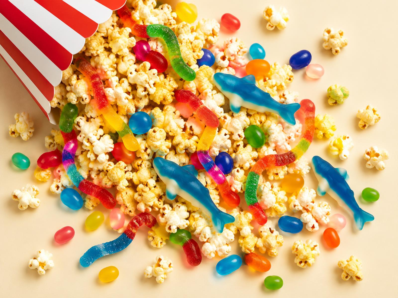 A striped tub of freshly popped popcorn spilling candy