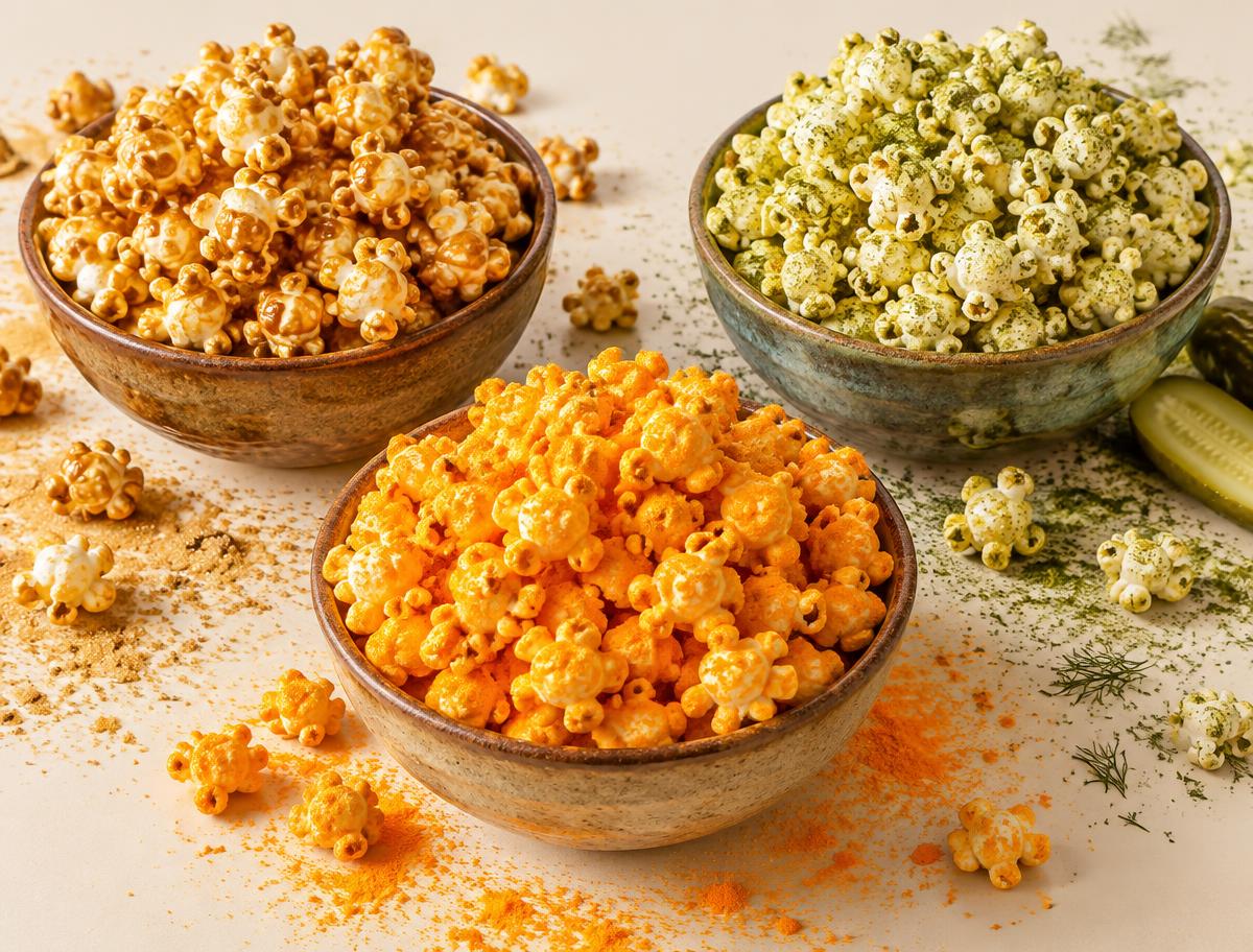 Bowls of kettle, cheddar and dill pickle seasoned popcorn